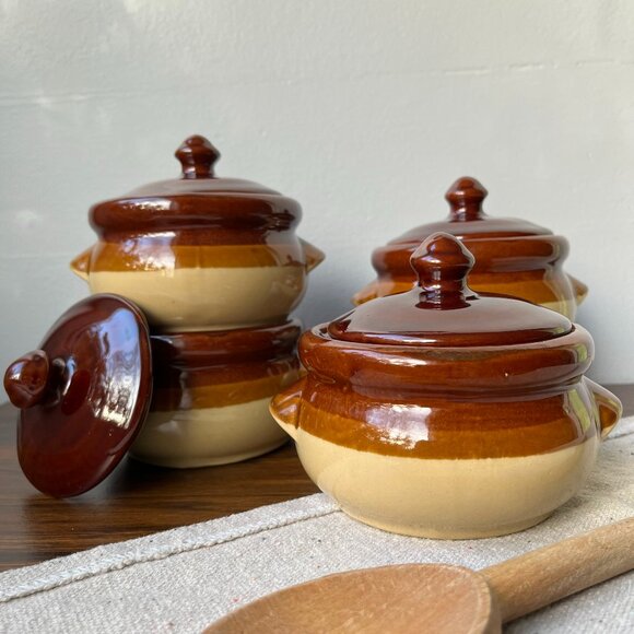 4 Ceramic Individual Pots Crocks Oven Baking Casserole Bean Onion Soup Taiwan - Picture 1 of 15
